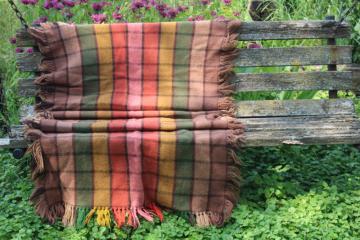 vintage hand woven wool shawl or fringed throw, checked blocks shades of brown w/ fall colors
