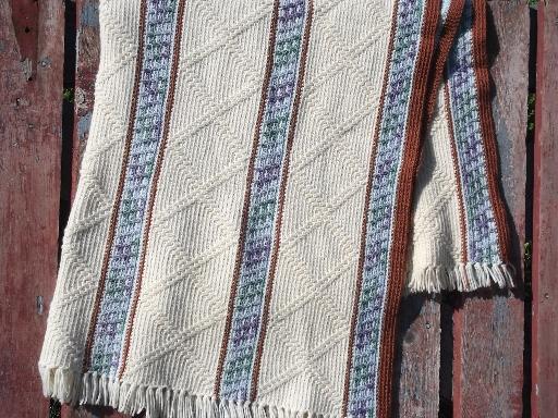 vintage hand-crocheted afghan blanket or bedspread, ivory, blue and brown