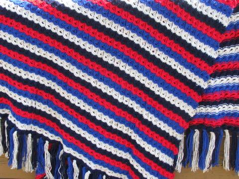 vintage hand-crocheted afghan, retro 70s red, white and blue stripes
