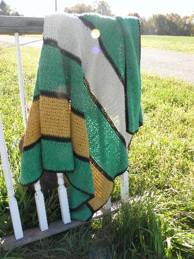 vintage hand-crocheted afghan throw blanket, teal green, gold, ivory