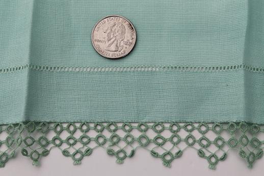 vintage handkerchief linen towels w/ tatted lace edging, pretty pastel powder room towels