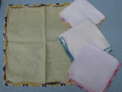 vintage handkerchiefs lot, colored crochet cotton lace trimmed hankies