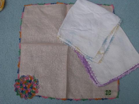 vintage handkerchiefs lot, colored crochet cotton lace trimmed hankies