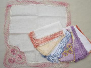 vintage handkerchiefs lot, colored crochet cotton lace trimmed hankies