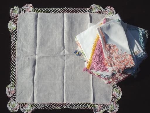 vintage handkerchiefs lot, cotton crochet lace hankies in pastel colors