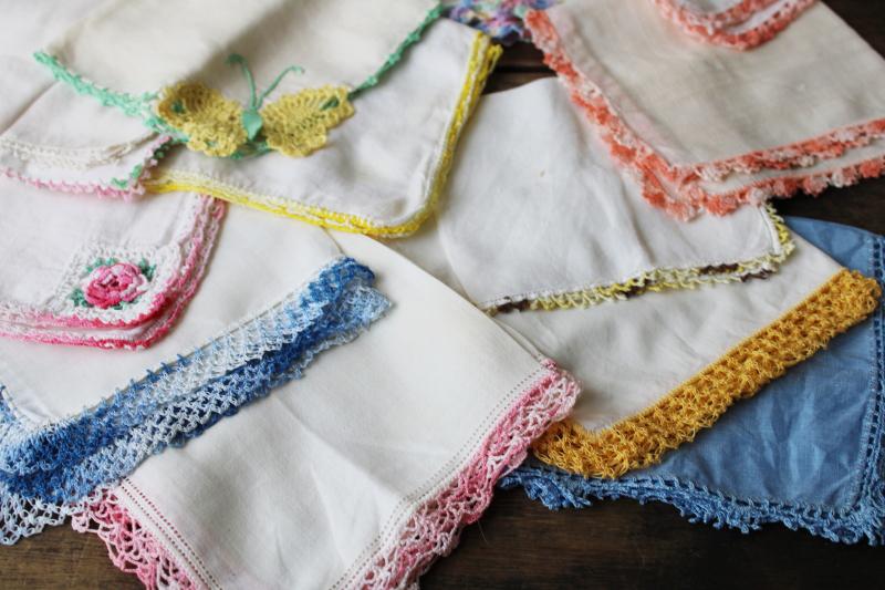 vintage handkerchiefs lot, lace edged hankies trimmed w/ cotton thread crochet edgings