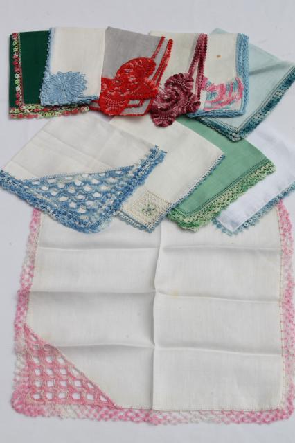 vintage handkerchiefs lot, lace edged hankies trimmed w/ cotton thread crochet lace