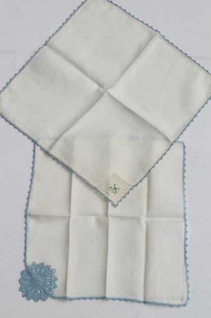 vintage handkerchiefs lot, lace edged hankies trimmed w/ cotton thread crochet lace