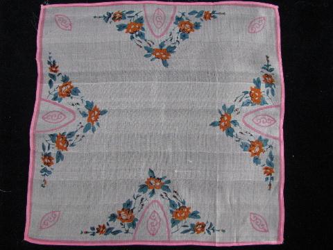 vintage handkerchiefs lot, pure silk hankies w/ roses, flowers print