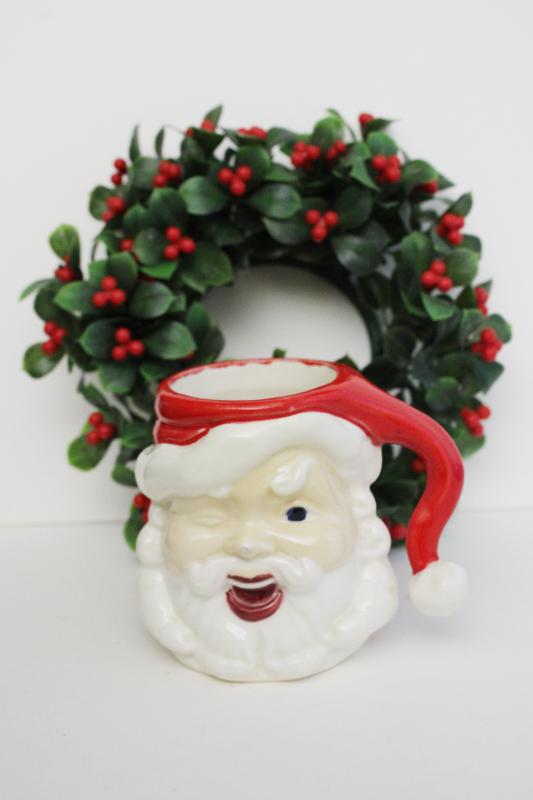 vintage handmade ceramic Santa mug, winking Santa, retro Christmas decor