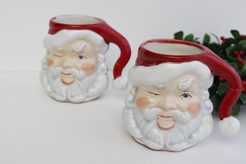 vintage handmade ceramic Santa mugs, winking Santas, retro Christmas decor