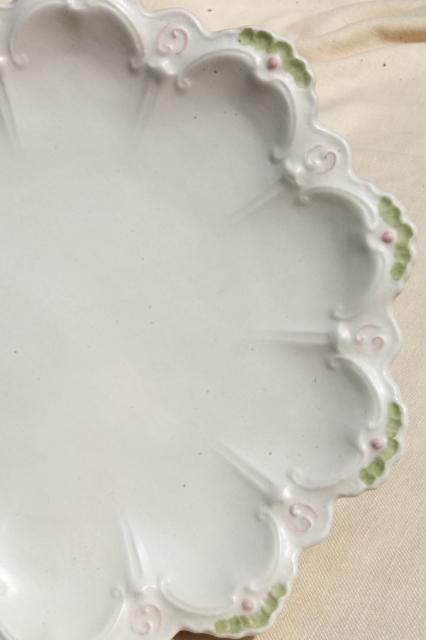 vintage handmade ceramic cake stand, creamy white w/ pastel flowers, petal shape
