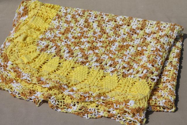 vintage handmade cotton lace crochet tablecloth, golden grapes varigated yellow color
