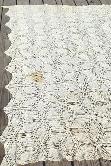 vintage handmade crochet bedspread, tumbling blocks ivory white lace shabby cottage chic