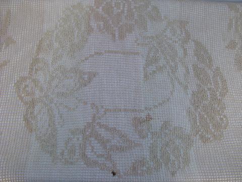 vintage handmade crocheted lace bay window curtain, filet crochet roses and butterflies