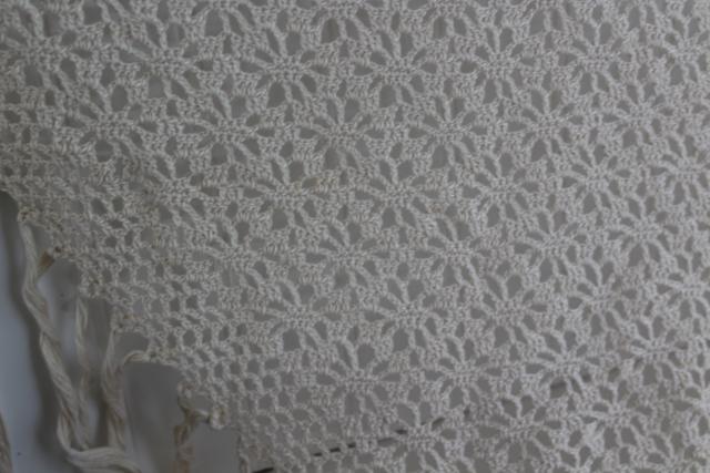 vintage handmade ivory cotton lace shawl, fringed crochet wrap for boho bride wedding or festival