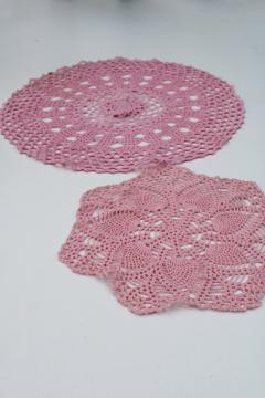 vintage handmade lace crochet doilies, rose pink doily shabby chic cottage decor