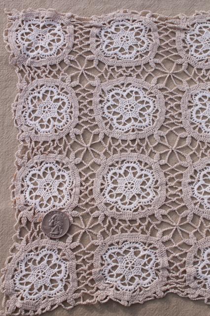vintage handmade lace table runner or dresser scarf, white crochet lace flowers on ecru