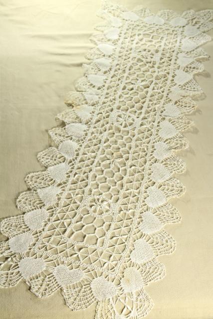 vintage handmade lace table runner with heart border, Valentine hearts