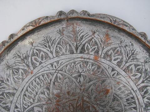 vintage handmade solid copper tray, antiqued silver tin finish