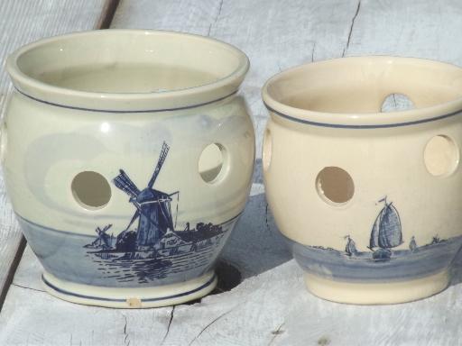 vintage hand-painted Delft pottery bulb forcing pots, fern / flower planters