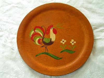 vintage hand-painted chicken round wood tray