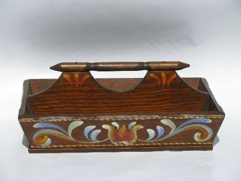 vintage hand-painted pine wood knife, silverware, or flatware box tray