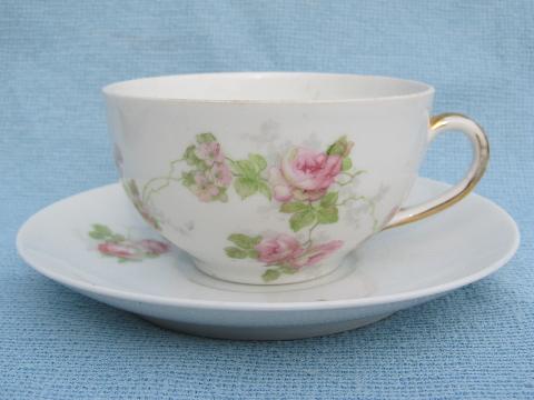 vintage hand-painted rose floral cups & saucers, antique Austria china