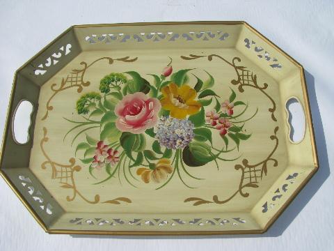 vintage hand-painted roses tole metal tray, shabby cottage chic