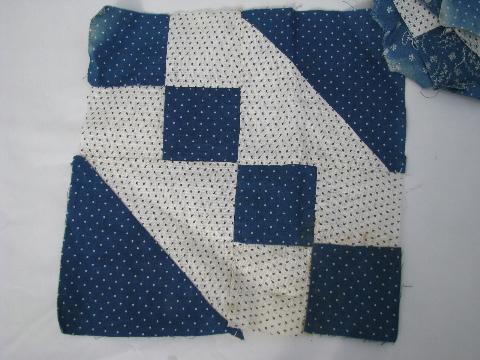 vintage hand-stitched quilt blocks, antique blue and white cotton print fabric