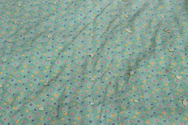 vintage hand-tied cotton print wholecloth quilt, soft puffy wool filled 'eiderdown' comforter