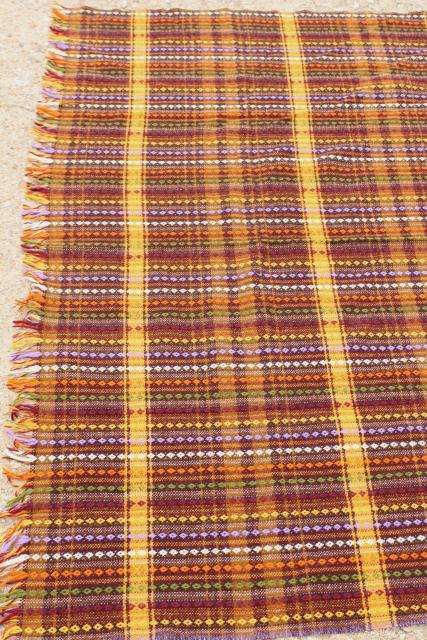vintage handwoven wool blanket, multi-colored fringed throw Amana colonies 