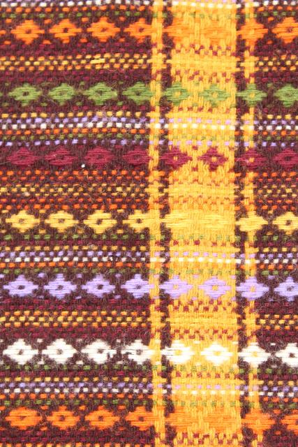vintage handwoven wool blanket, multi-colored fringed throw Amana colonies 