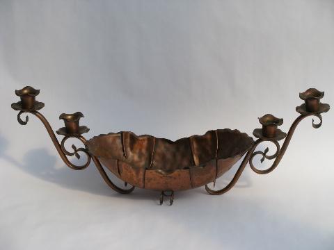 vintage hand-wrought hammered copper candelabra flower bowl