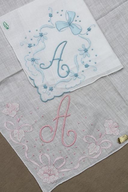 vintage hankies w/ embroidered A monogram, lot of fine cotton & linen handkerchiefs