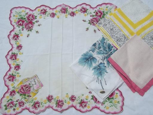 vintage hankies lot 45 print cotton handkerchiefs, kitties, flowers!