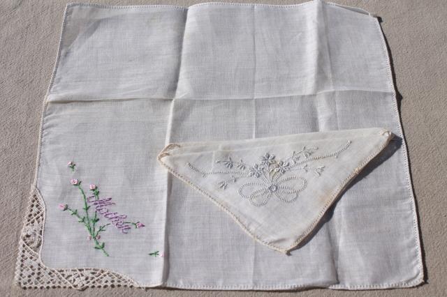 vintage hankies lot, embroidered & lace edged handkerchiefs in cedar wood hanky box