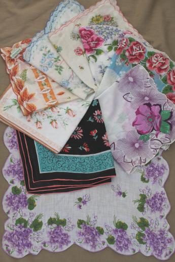 vintage hankies lot, print cotton & linen hankerchiefs w/ flowers & signed designer prints