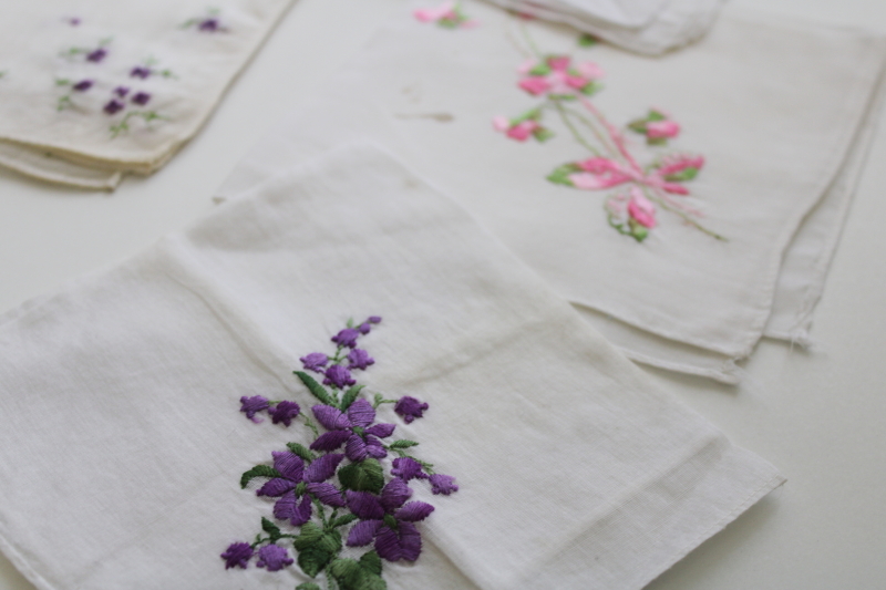 vintage hankies lot, shabby handkerchiefs w/ Swiss embroidery, fixer uppers or for upcycling