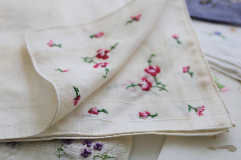 vintage hankies lot, shabby handkerchiefs w/ Swiss embroidery, fixer uppers or for upcycling