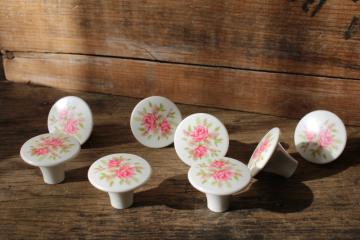 vintage hardware lot white w/ pink roses drawer pull knobs, shabby cottage chic