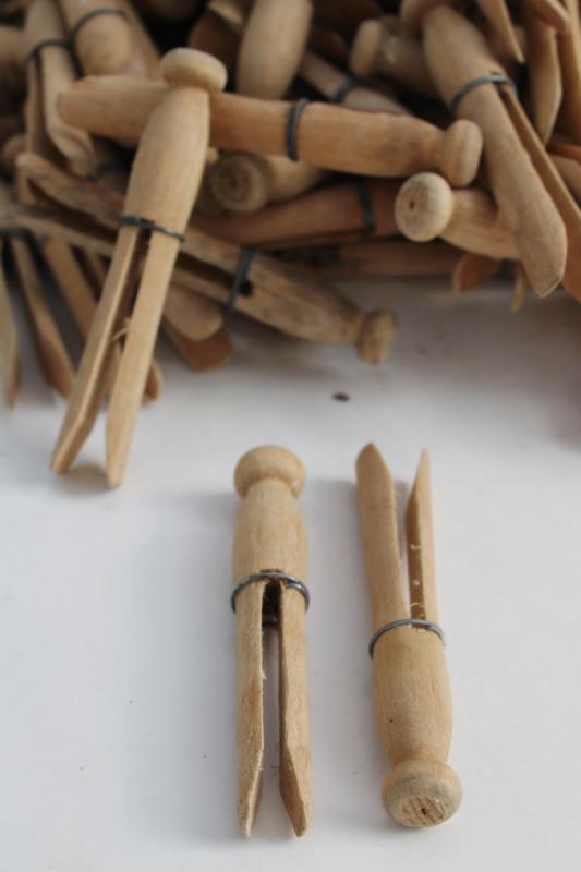 vintage hardwood clothespins, clothes peg type lot old wire wrapped clothes pins