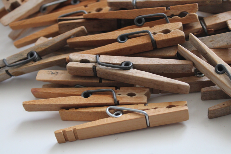 vintage hardwood clothespins w/ old fashioned sturdy steel springs, clip style clothes pins