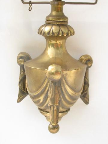 vintage heavy brass chandelier swag lamp, drum shade hanging light