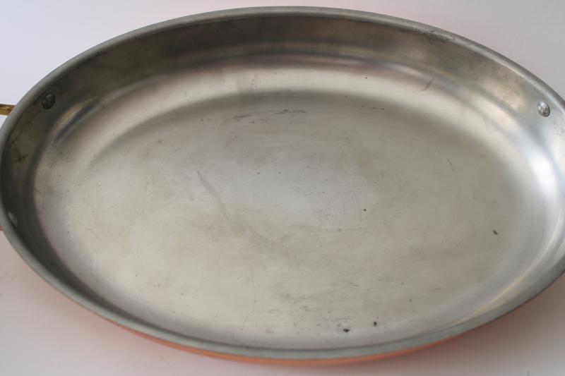 vintage heavy copper gratin oval pan w/ brass handles, made in Portugal