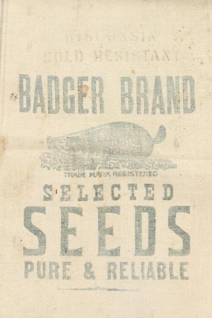 vintage heavy cotton grain sack, striped feed bag Wisconsin Badger brand seeds advertising