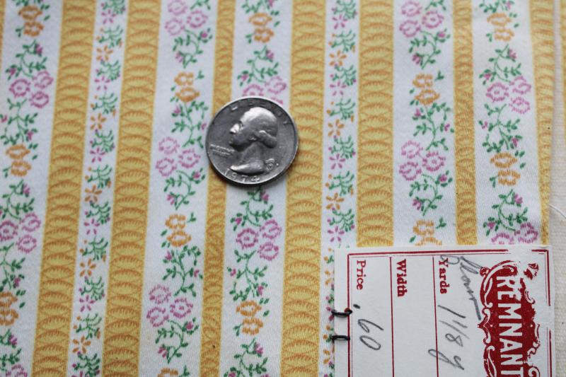 vintage heavy cotton ticking remnant, flowered striped fabric mustard gold w/ pink