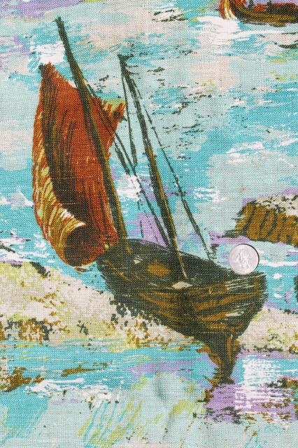 vintage heavy linen fabric w/ printed art print, sailing fishing boats in ocean breakers