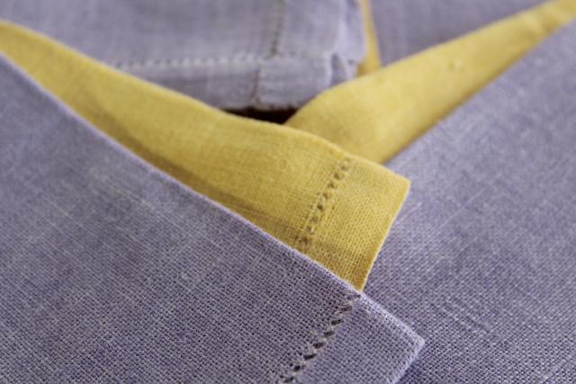 vintage hem stitched cloth napkins, pure linen fabric yellow & lavender