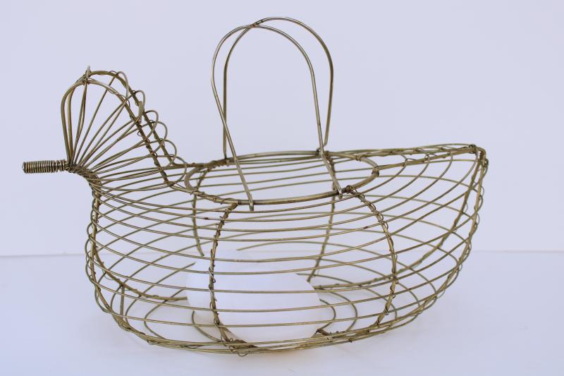 vintage hen chicken shaped egg basket, farmhouse kitchen figural wire work basket